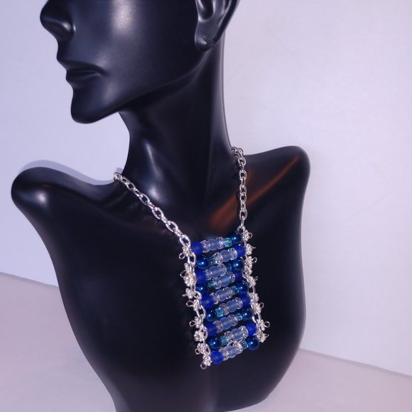 Handmade Blue Beaded Statement Necklace With Silver Tone Chains - Picture 10 of 16
